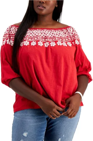 Tommy Hilfiger Womens Cotton Off Shoulder Peasant Blouse
