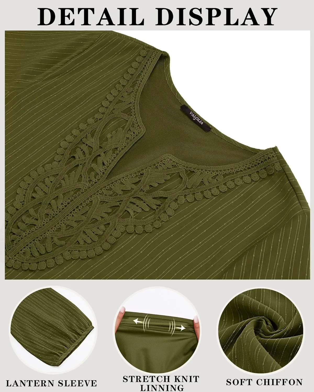 VALOLIA Women's Casual 3/4 Sleeve Chiffon Blouses V Neck Layered Embroidery Tunic Shirts