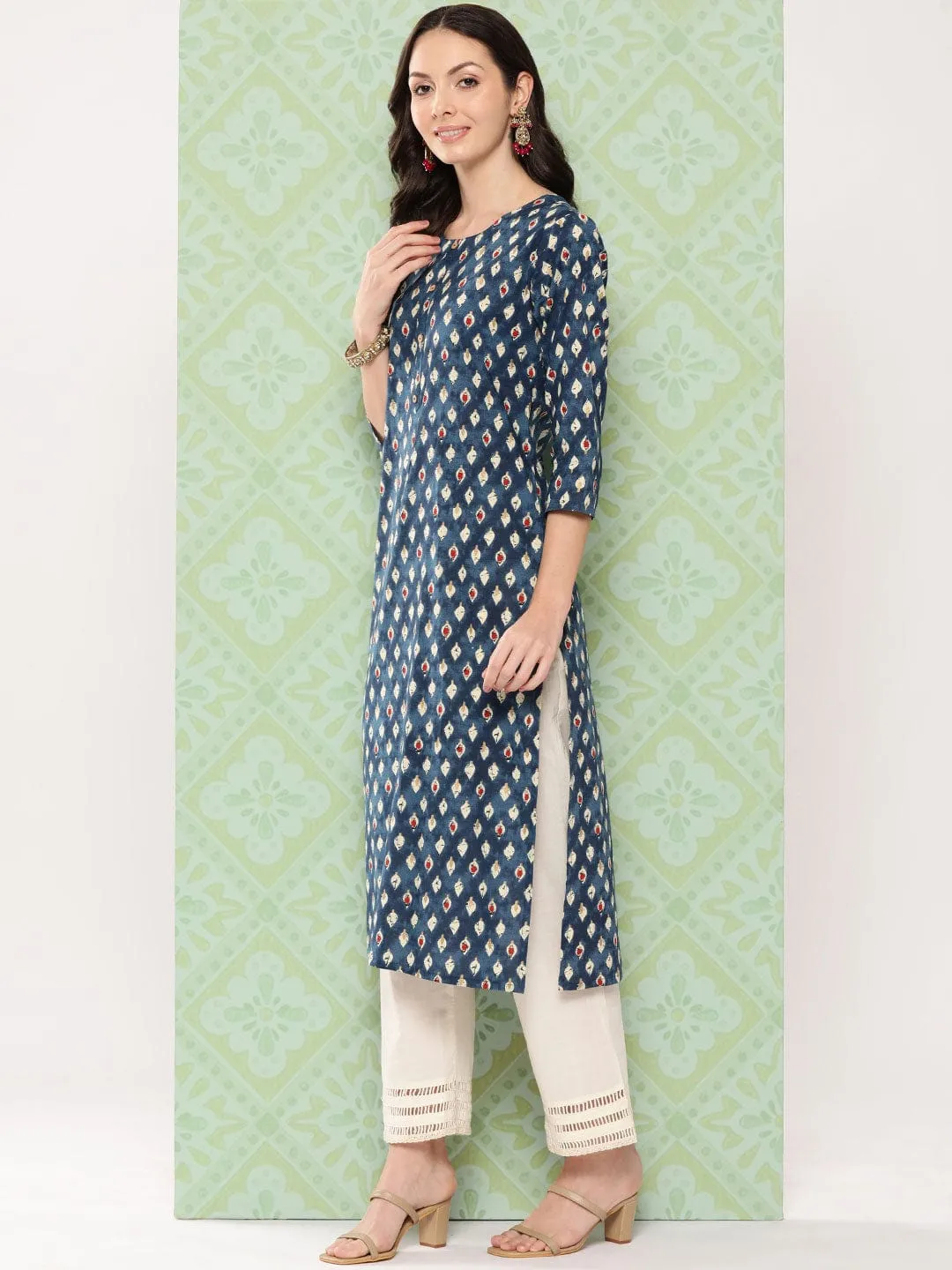 Varanga Women Blue Ethnic Motif Printed Straight Kurta With Three Quarter Sleeves