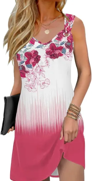 Vintage Floral Printed Summer A-Line Elegant Dresses Womens Beach Sundress Ladies Casual Boho Tank Dress