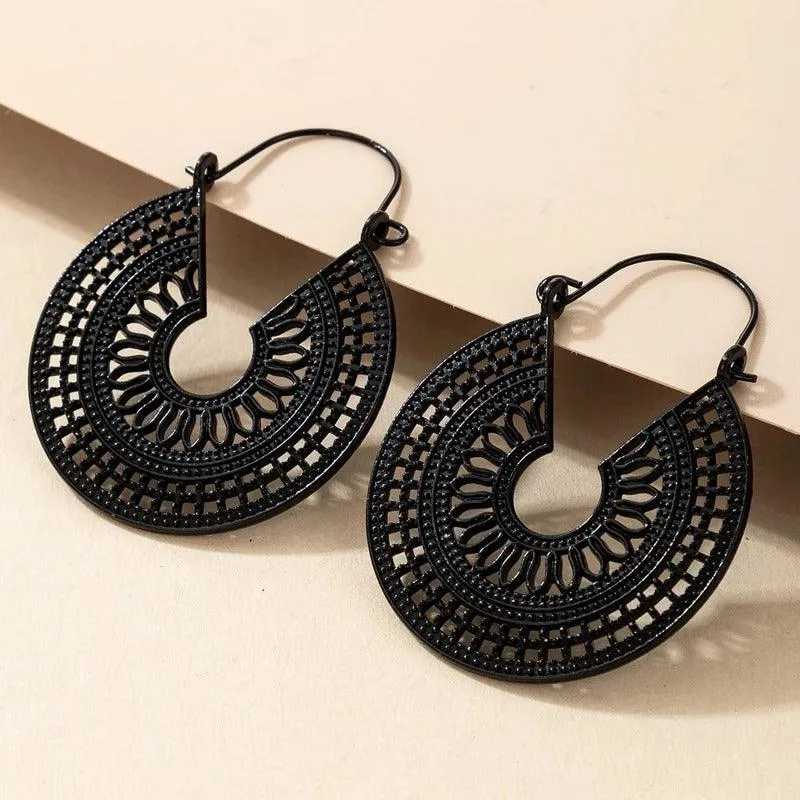Vintage Silver-Tone Hoop Earrings with Intricate Geometric Design