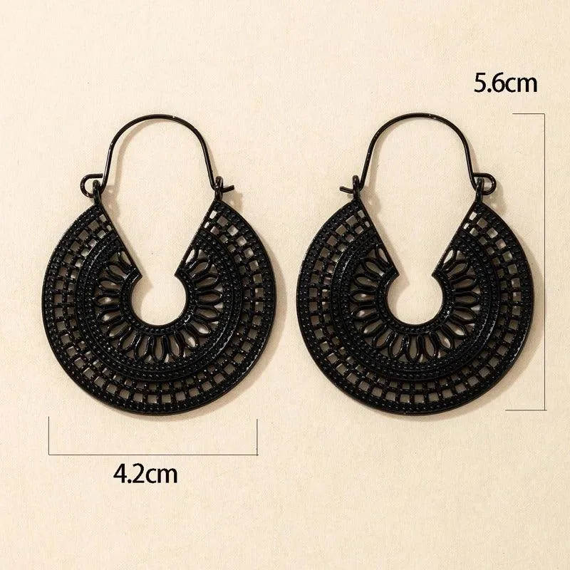 Vintage Silver-Tone Hoop Earrings with Intricate Geometric Design