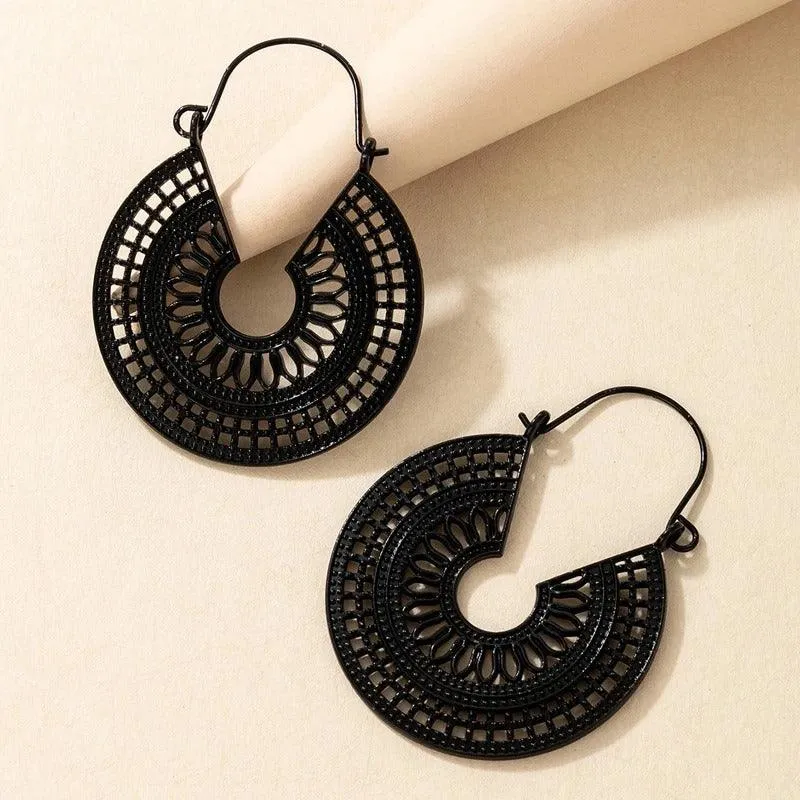 Vintage Silver-Tone Hoop Earrings with Intricate Geometric Design