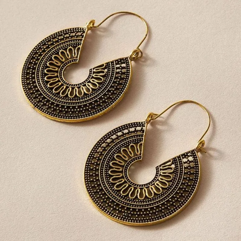 Vintage Silver-Tone Hoop Earrings with Intricate Geometric Design