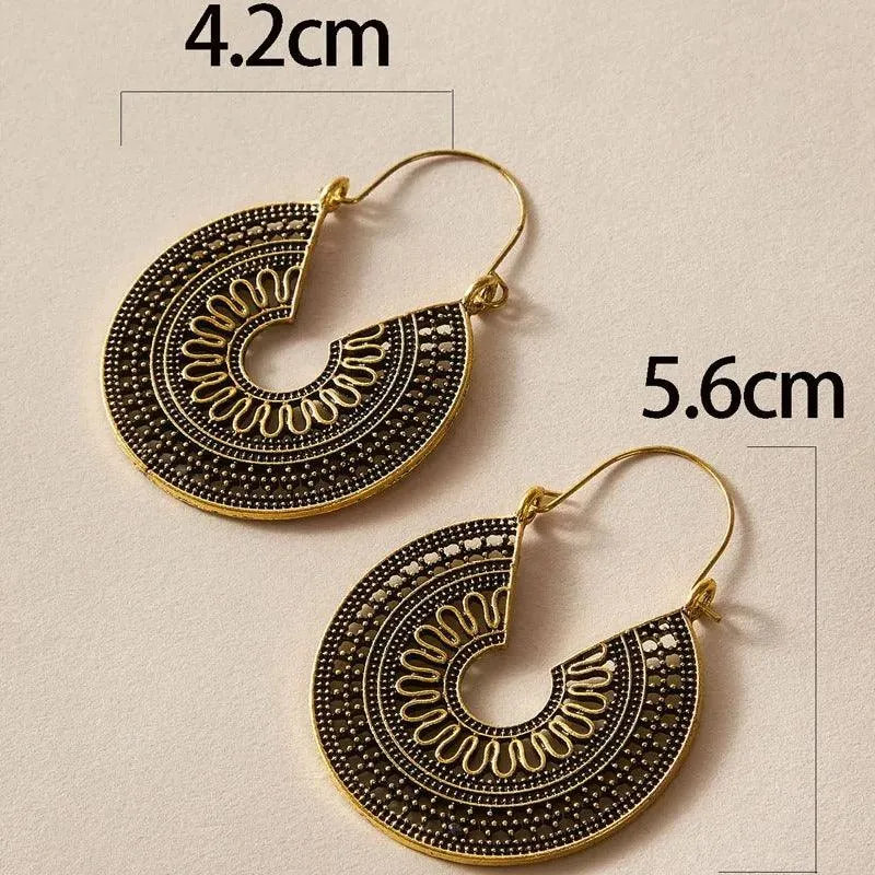 Vintage Silver-Tone Hoop Earrings with Intricate Geometric Design