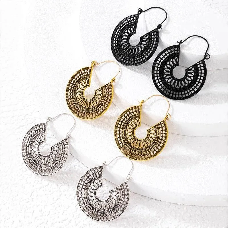 Vintage Silver-Tone Hoop Earrings with Intricate Geometric Design
