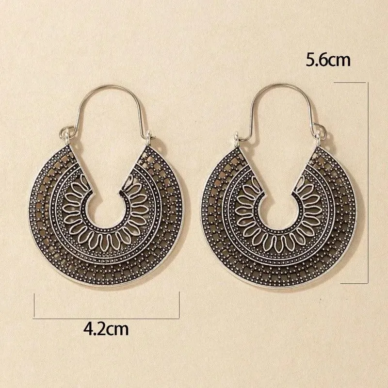 Vintage Silver-Tone Hoop Earrings with Intricate Geometric Design