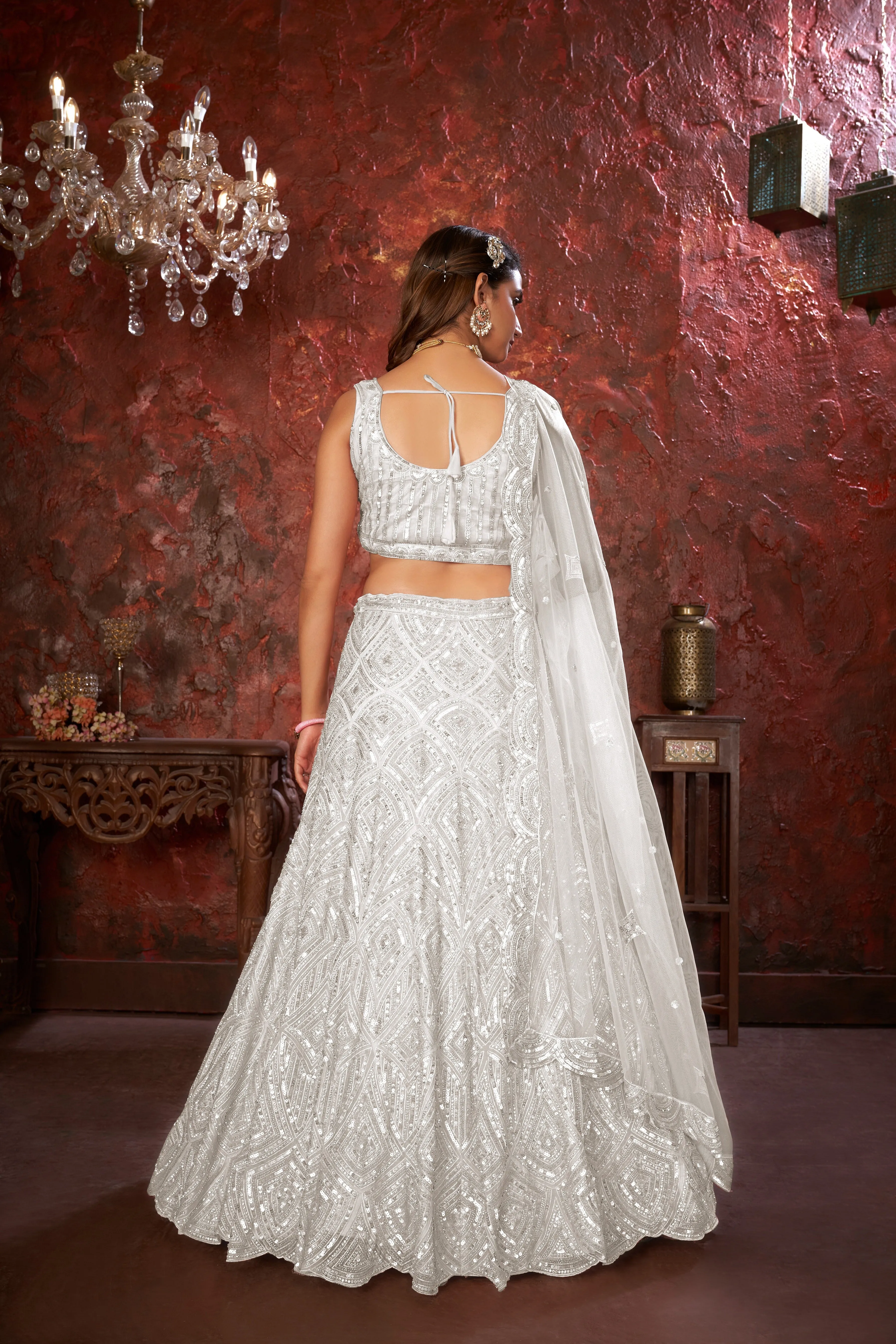 White Sequin Embroidered Lehenga Choli Set - Regal Elegance - Designer Wear