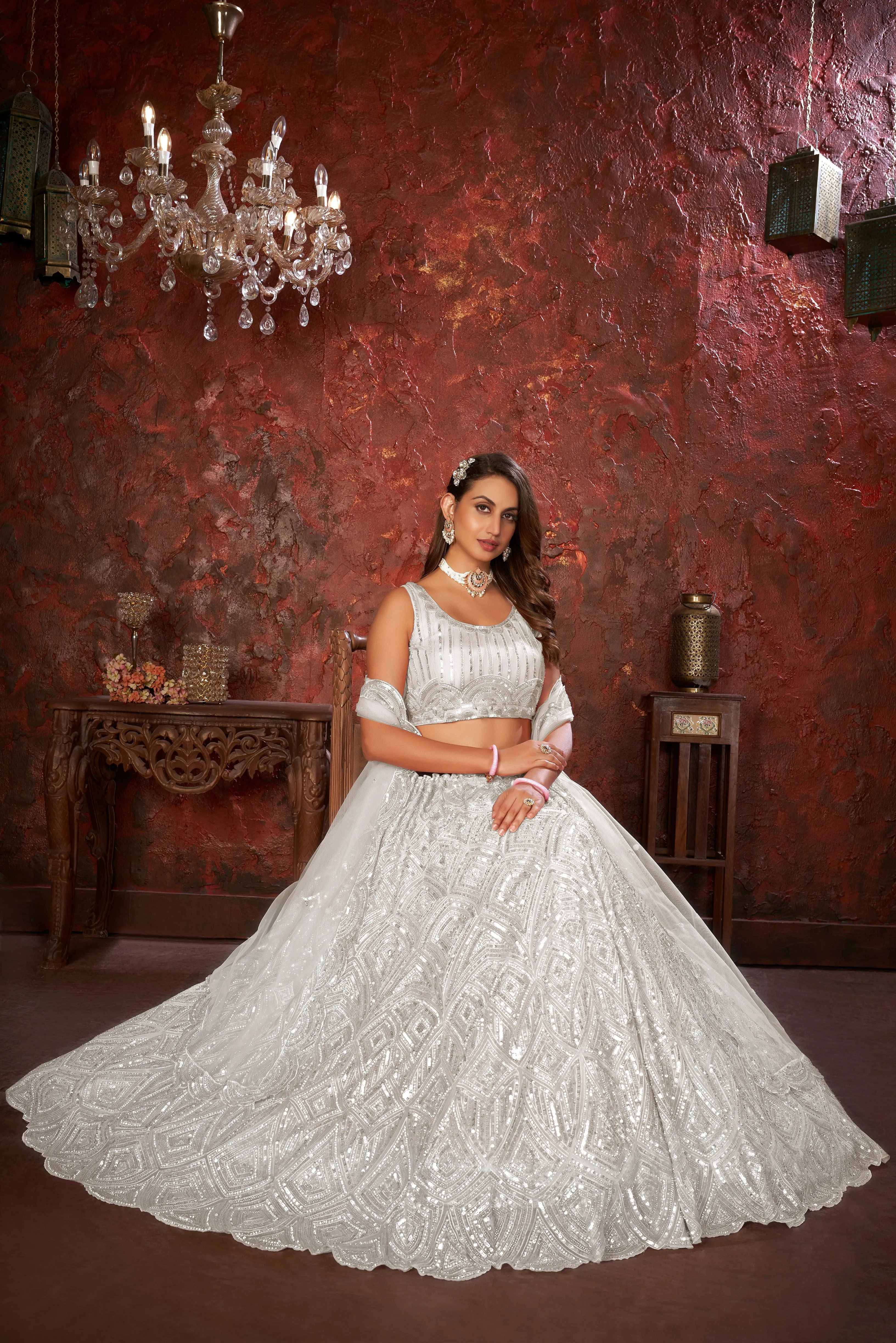 White Sequin Embroidered Lehenga Choli Set - Regal Elegance - Designer Wear