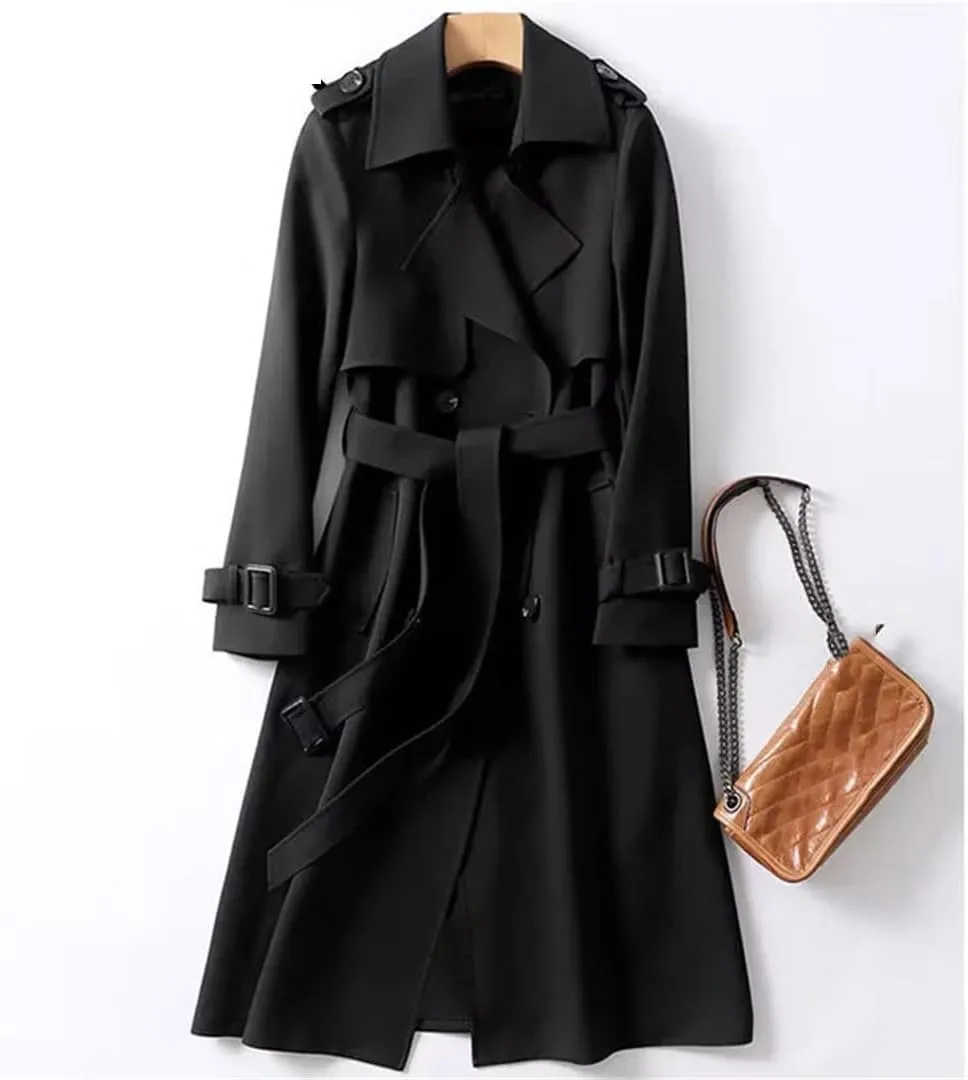 Women British Style Windbreaker Streetwear Double Breasted Long Trench Coats Elegant Medium Length Jackets