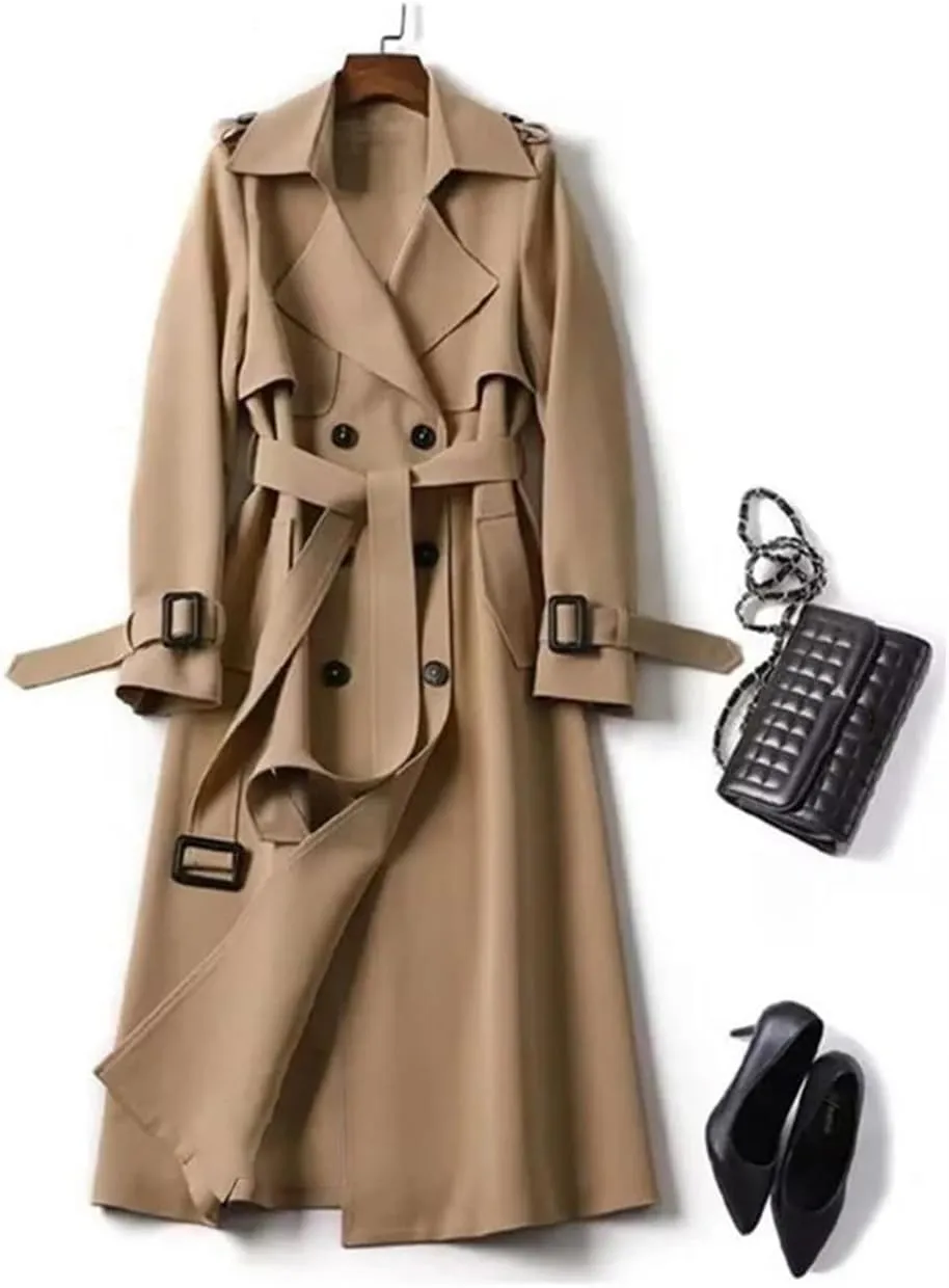 Women British Style Windbreaker Streetwear Double Breasted Long Trench Coats Elegant Medium Length Jackets