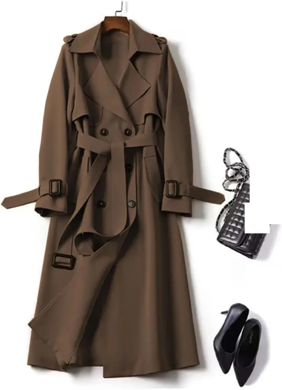 Women British Style Windbreaker Streetwear Double Breasted Long Trench Coats Elegant Medium Length Jackets