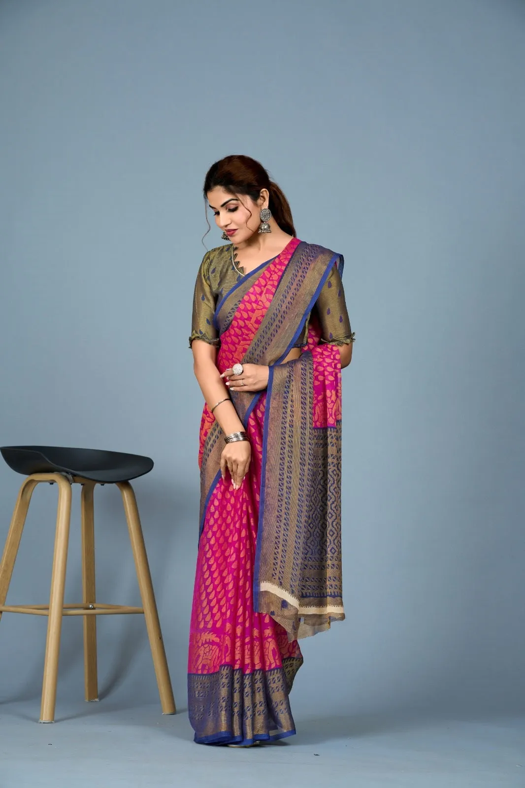 Women Casual Wear Printed Brasso Silk Saree With Un Stitched Blouse
