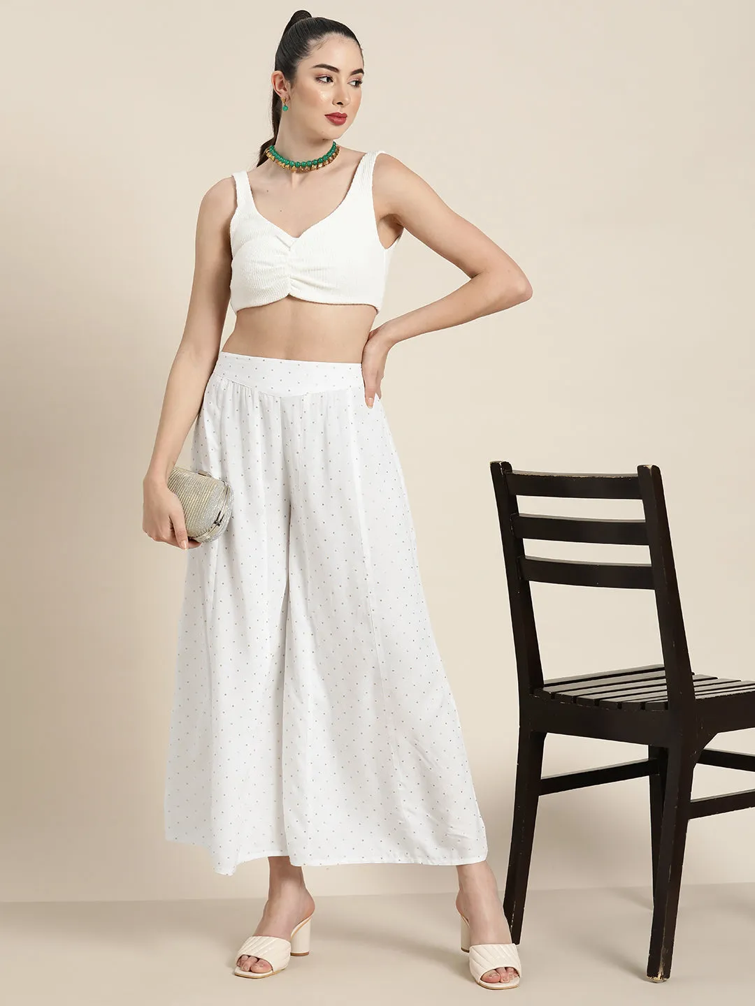 Women Off White Rayon Gold Foil Palazzo