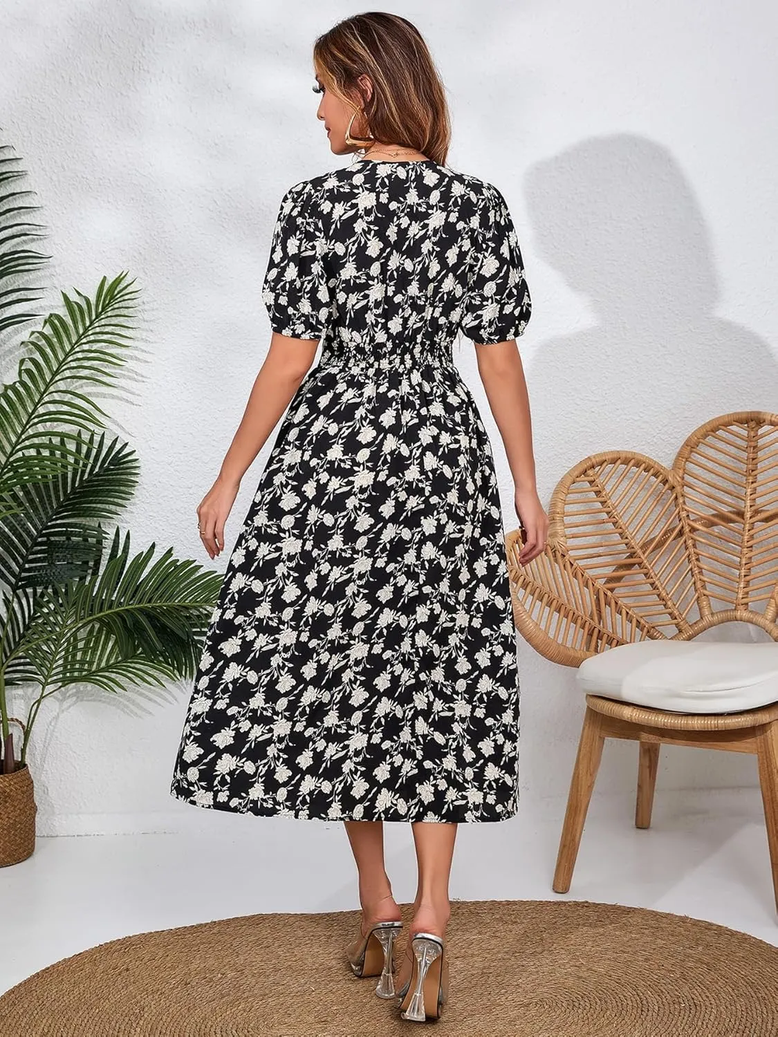 Women's Blue Floral Print Cross V-Neck Maxi Dress, Casual Summer Beach Vacation Dress, Elegant Cocktail Dress for Women