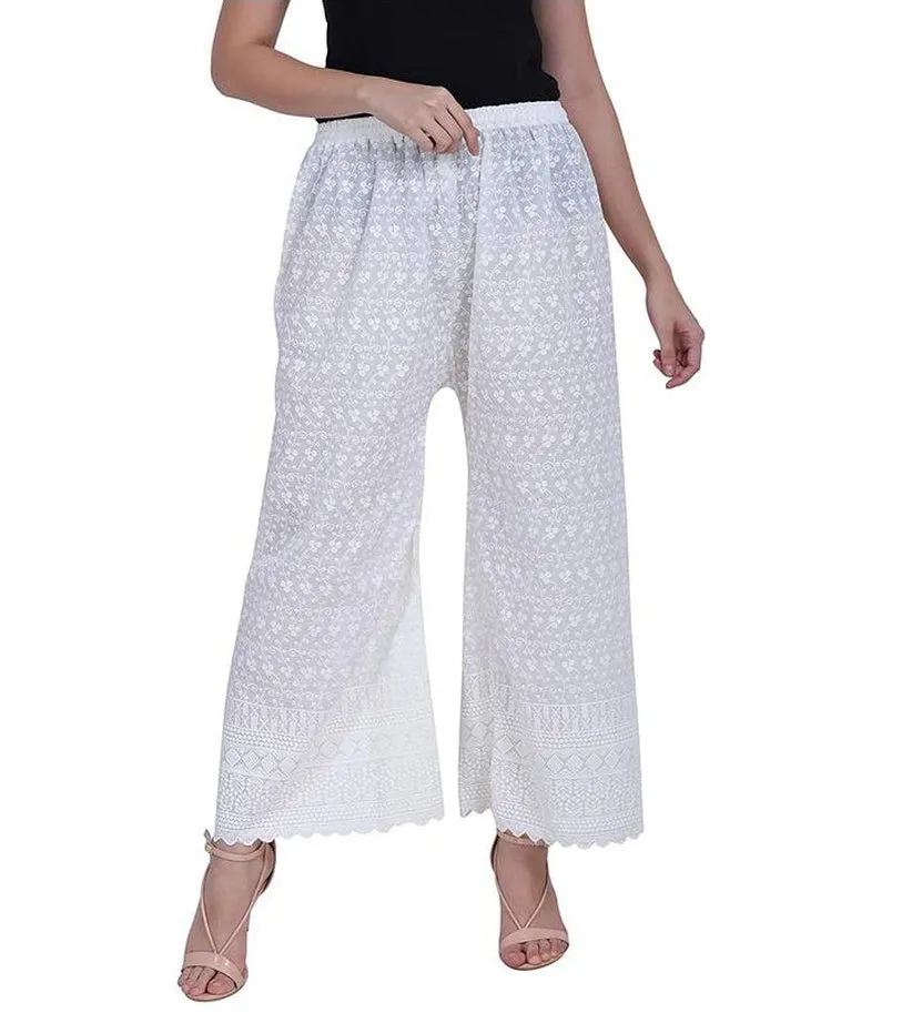 Women's Embroidered Cotton Chikankari Palazzo White