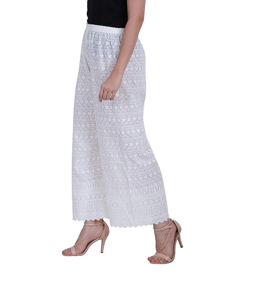 Women's Embroidered Cotton Chikankari Palazzo White