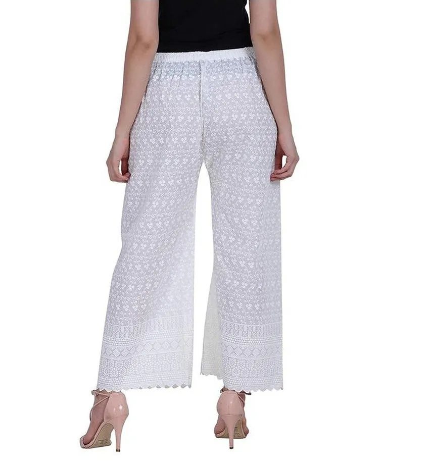 Women's Embroidered Cotton Chikankari Palazzo White
