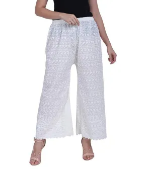 Women's Embroidered Cotton Chikankari Palazzo White