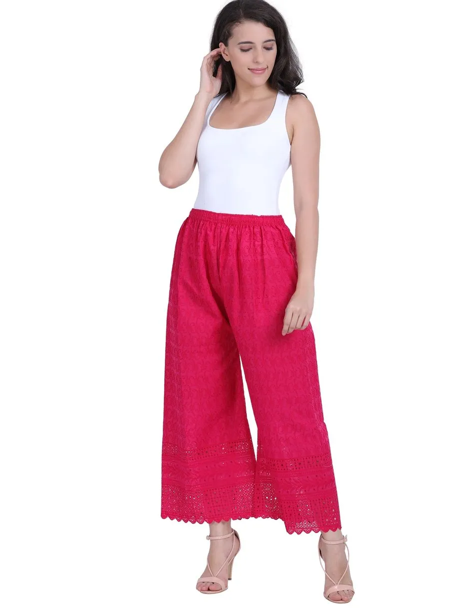 Women's Embroidered Pink Cotton Chikankari Palazzo