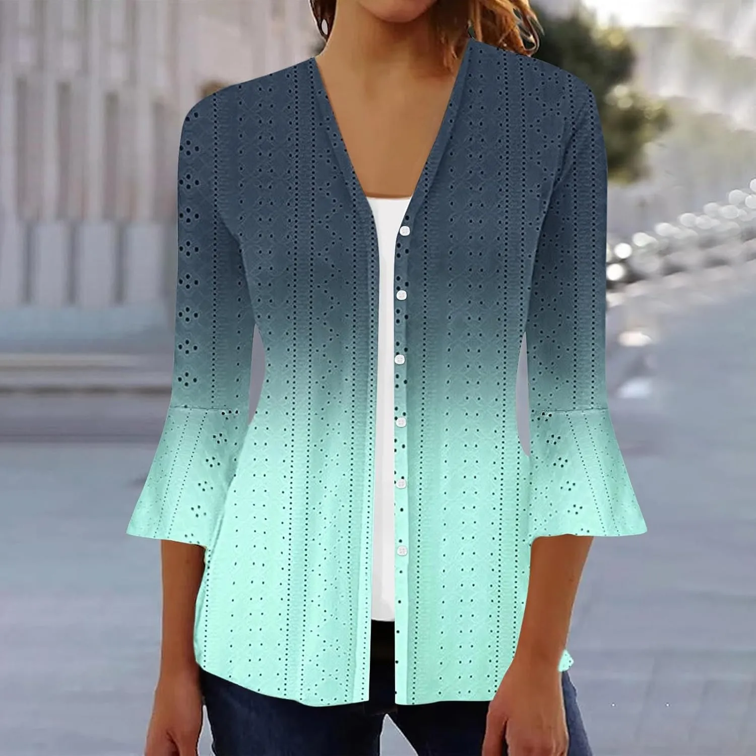 Women's Kimono Cardigans Boho Floral Print Beach Wear Cover Up 3/4 Sleeve Eyelet Embroidery Summer Tops Resort Wear