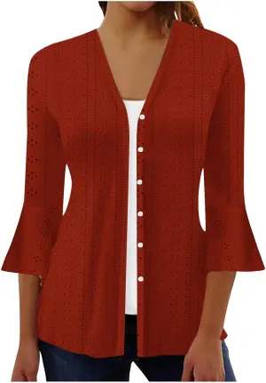 Women's Kimono Cardigans Boho Floral Print Beach Wear Cover Up 3/4 Sleeve Eyelet Embroidery Summer Tops Resort Wear