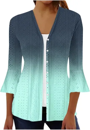 Women's Kimono Cardigans Boho Floral Print Beach Wear Cover Up 3/4 Sleeve Eyelet Embroidery Summer Tops Resort Wear