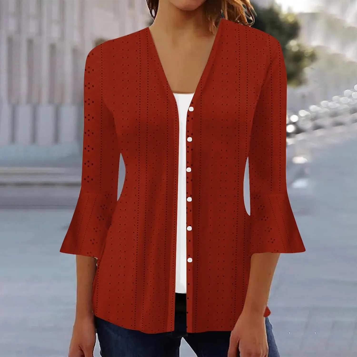 Women's Kimono Cardigans Boho Floral Print Beach Wear Cover Up 3/4 Sleeve Eyelet Embroidery Summer Tops Resort Wear