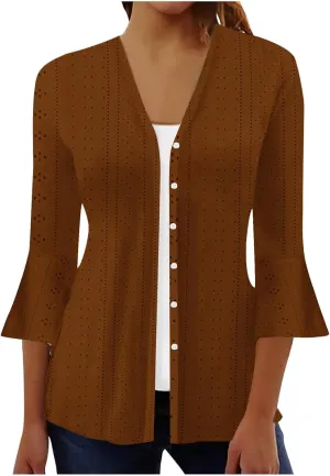 Women's Kimono Cardigans Boho Floral Print Beach Wear Cover Up 3/4 Sleeve Eyelet Embroidery Summer Tops Resort Wear