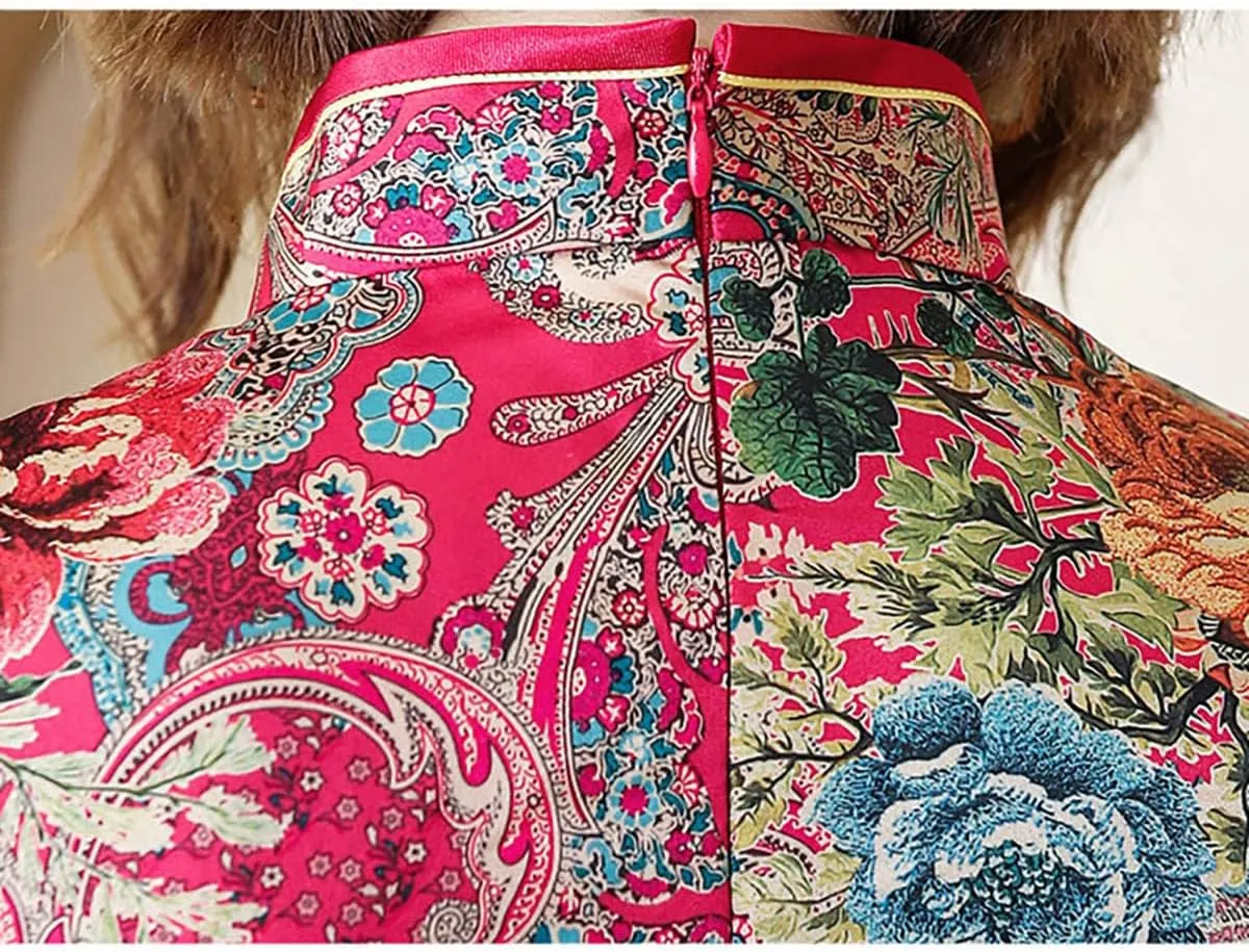 Women's Modern Cheongsam Maxi Dress Vintage Short Sleeve Slim Fit Side Slit Long Qipao Chinese Dress
