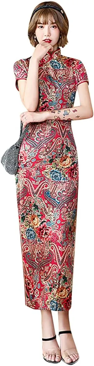 Women's Modern Cheongsam Maxi Dress Vintage Short Sleeve Slim Fit Side Slit Long Qipao Chinese Dress