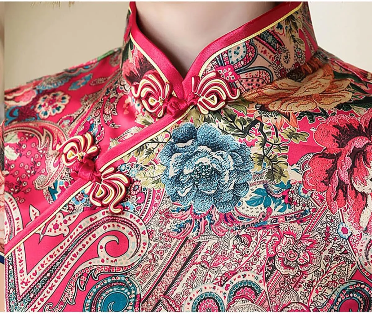 Women's Modern Cheongsam Maxi Dress Vintage Short Sleeve Slim Fit Side Slit Long Qipao Chinese Dress