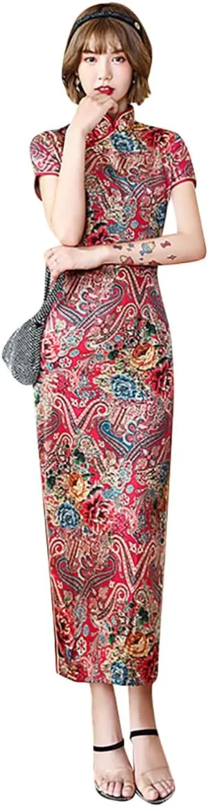 Women's Modern Cheongsam Maxi Dress Vintage Short Sleeve Slim Fit Side Slit Long Qipao Chinese Dress