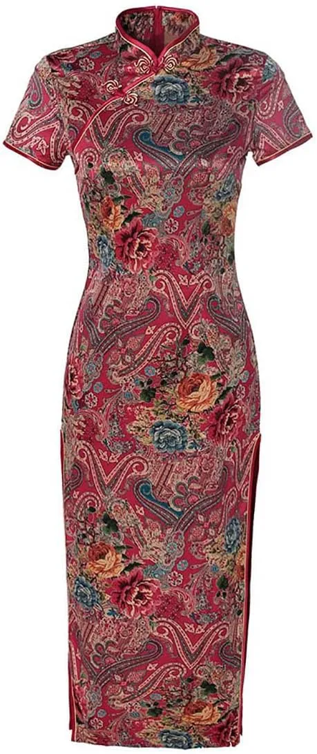 Women's Modern Cheongsam Maxi Dress Vintage Short Sleeve Slim Fit Side Slit Long Qipao Chinese Dress