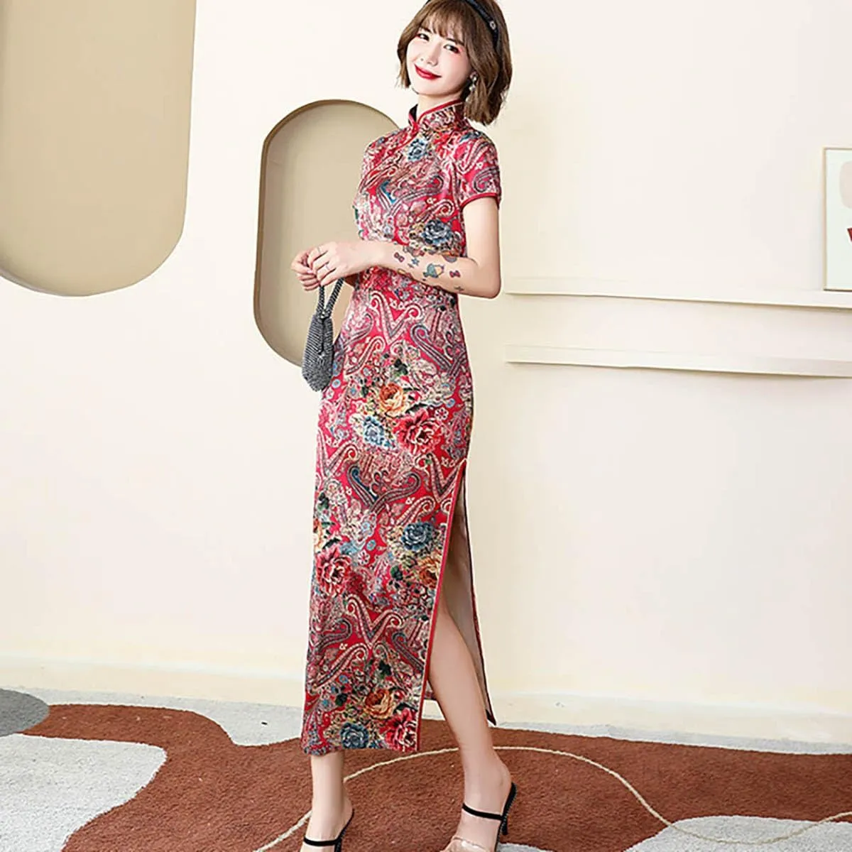 Women's Modern Cheongsam Maxi Dress Vintage Short Sleeve Slim Fit Side Slit Long Qipao Chinese Dress