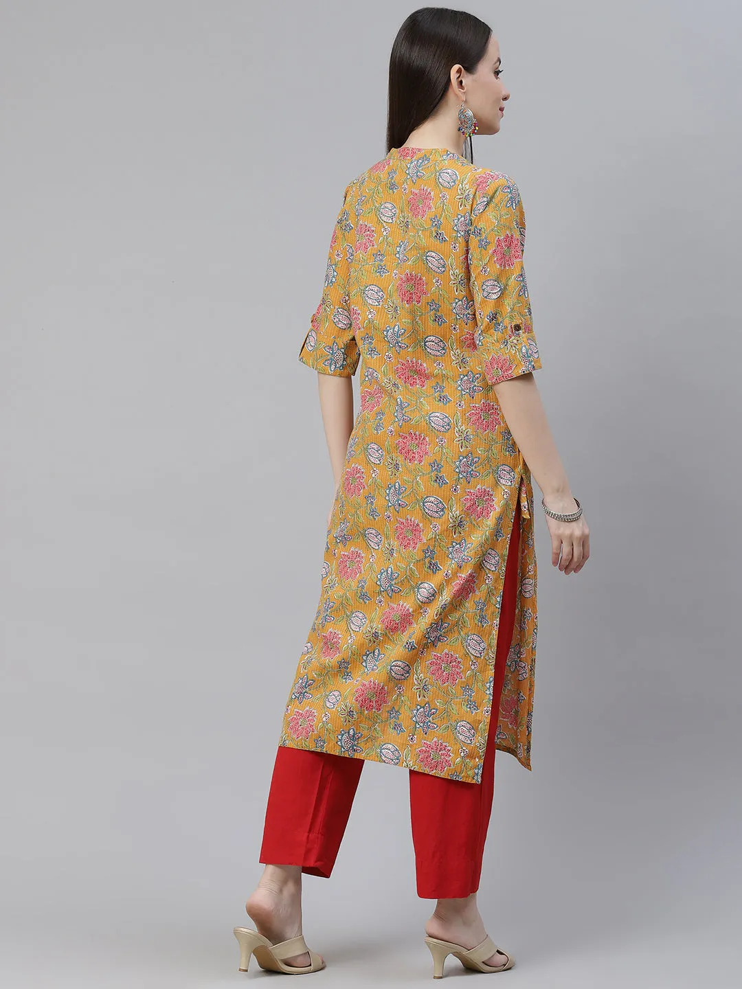 Women'S Mustard Printed Cotton Straight Kurta