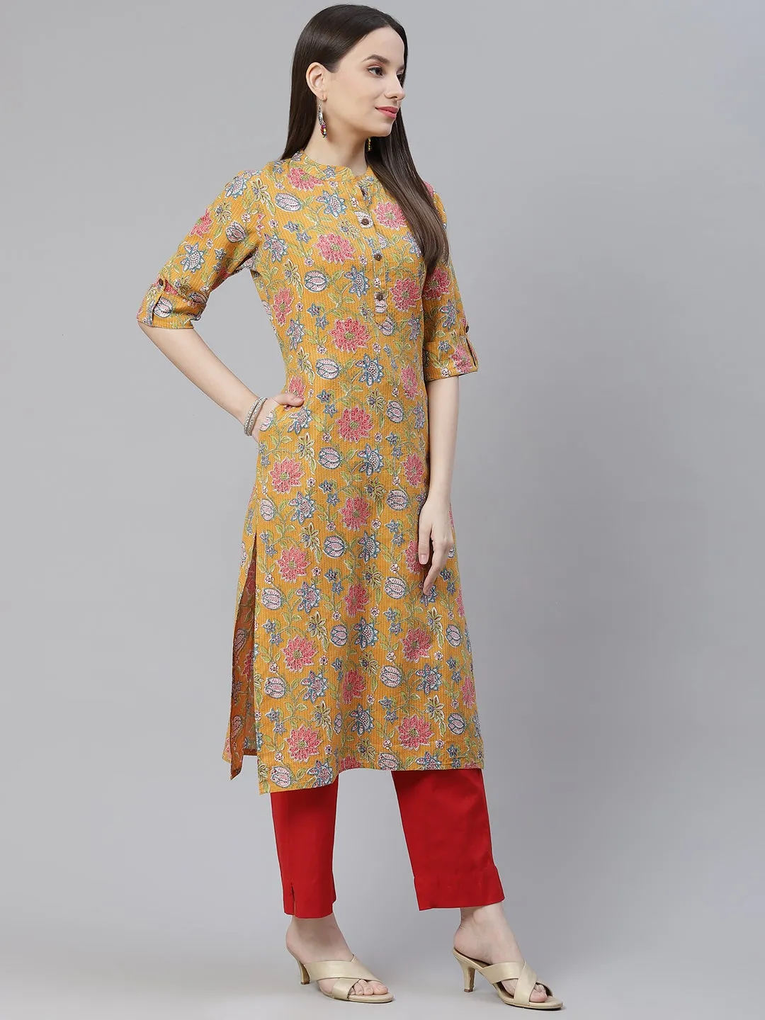 Women'S Mustard Printed Cotton Straight Kurta