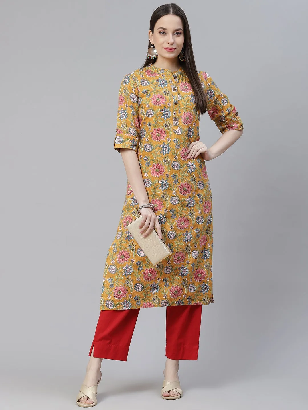 Women'S Mustard Printed Cotton Straight Kurta