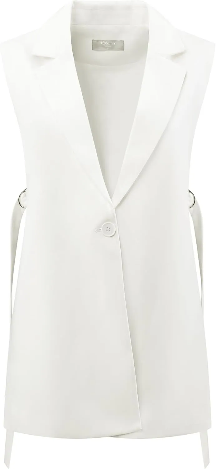 Women's Sleeveless Vest Blazer Lapel Collar Open Front Office Work Long Jacket Vests