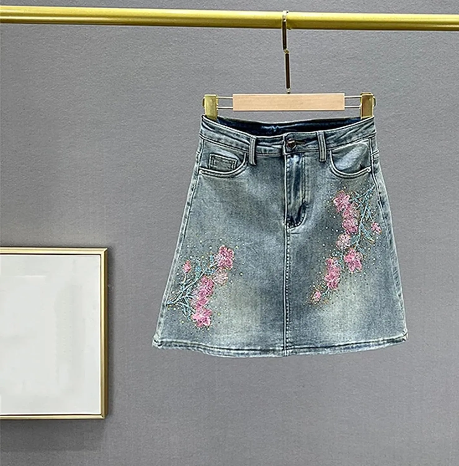 Women's Vintage Embroidered Denim Mini Skirt with Rhinestone High Waist Slim Fit A-Line Jean Skirt Casual Wear
