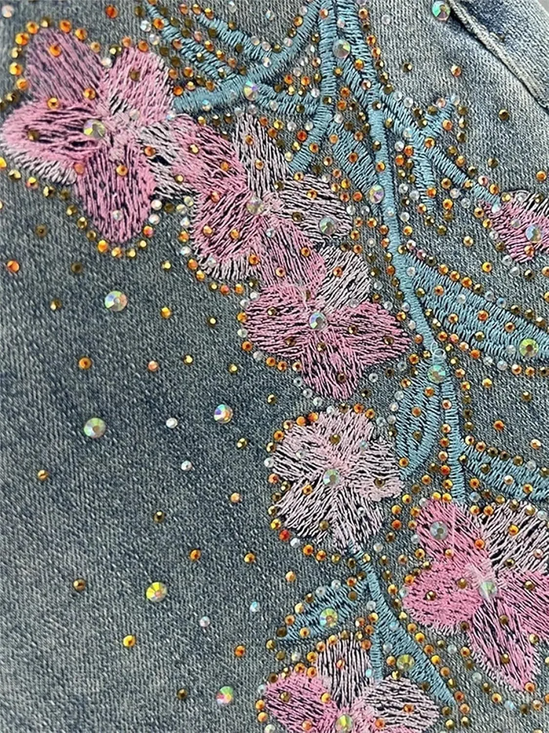 Women's Vintage Embroidered Denim Mini Skirt with Rhinestone High Waist Slim Fit A-Line Jean Skirt Casual Wear