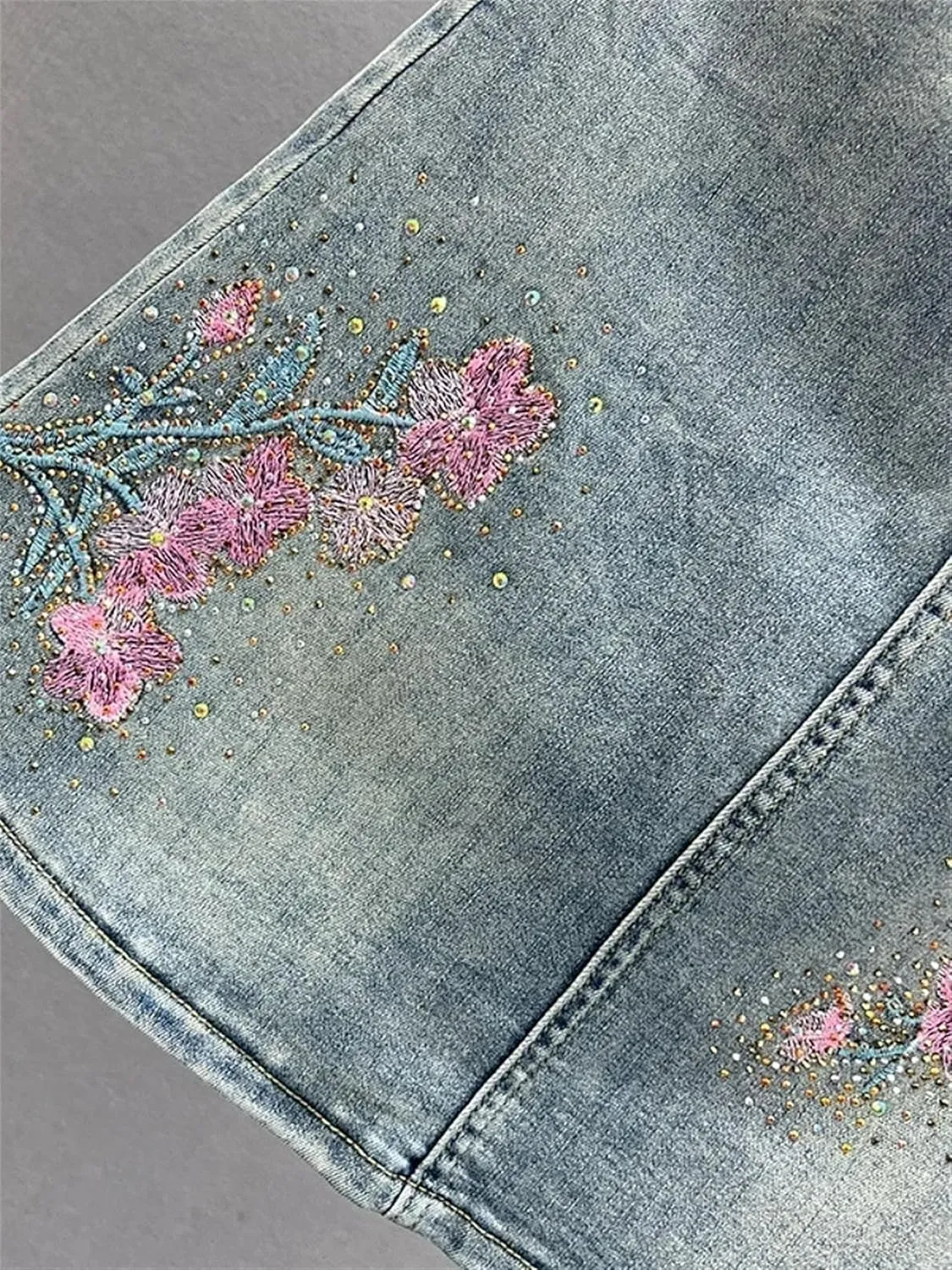 Women's Vintage Embroidered Denim Mini Skirt with Rhinestone High Waist Slim Fit A-Line Jean Skirt Casual Wear