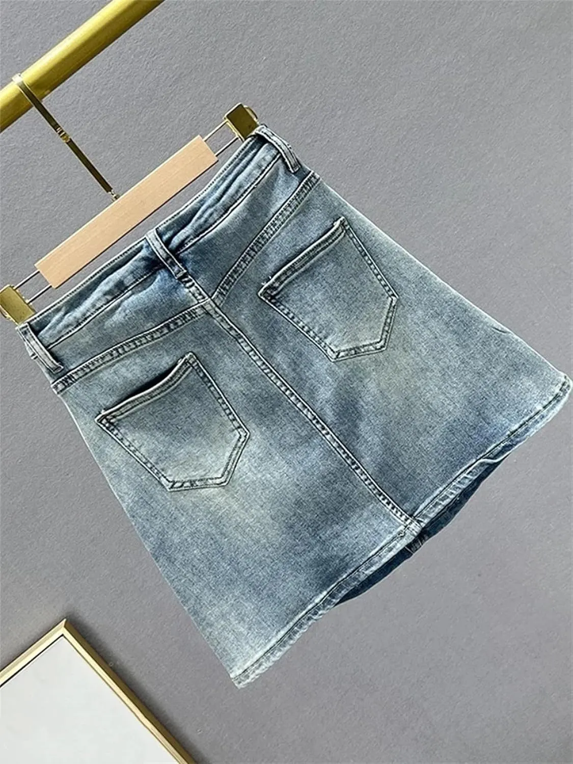 Women's Vintage Embroidered Denim Mini Skirt with Rhinestone High Waist Slim Fit A-Line Jean Skirt Casual Wear