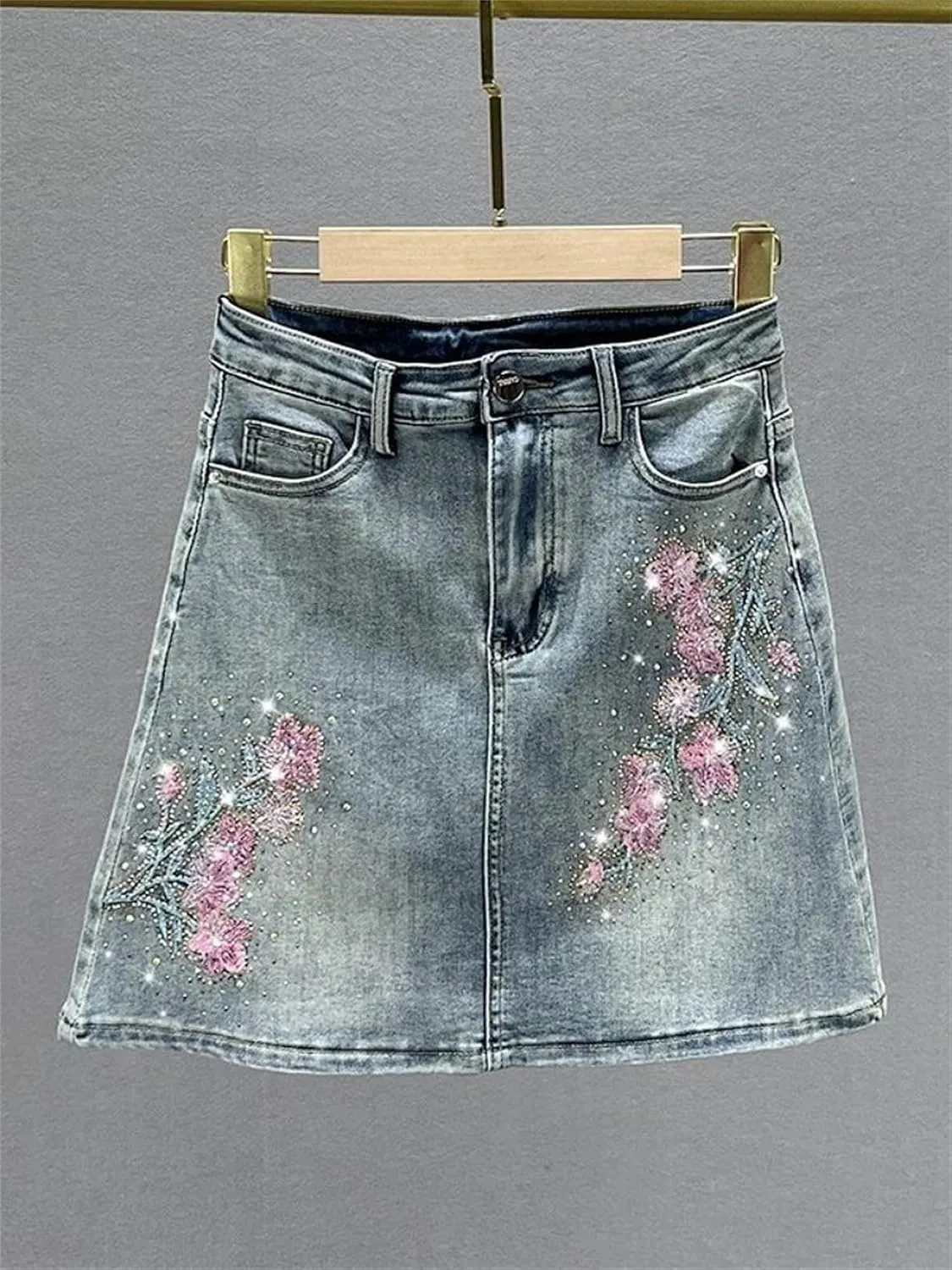 Women's Vintage Embroidered Denim Mini Skirt with Rhinestone High Waist Slim Fit A-Line Jean Skirt Casual Wear