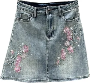Women's Vintage Embroidered Denim Mini Skirt with Rhinestone High Waist Slim Fit A-Line Jean Skirt Casual Wear