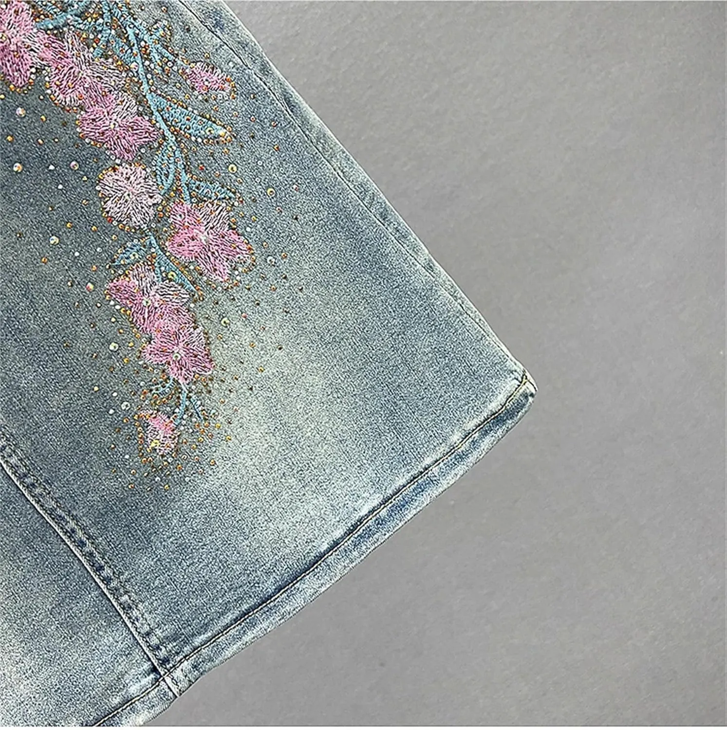 Women's Vintage Embroidered Denim Mini Skirt with Rhinestone High Waist Slim Fit A-Line Jean Skirt Casual Wear