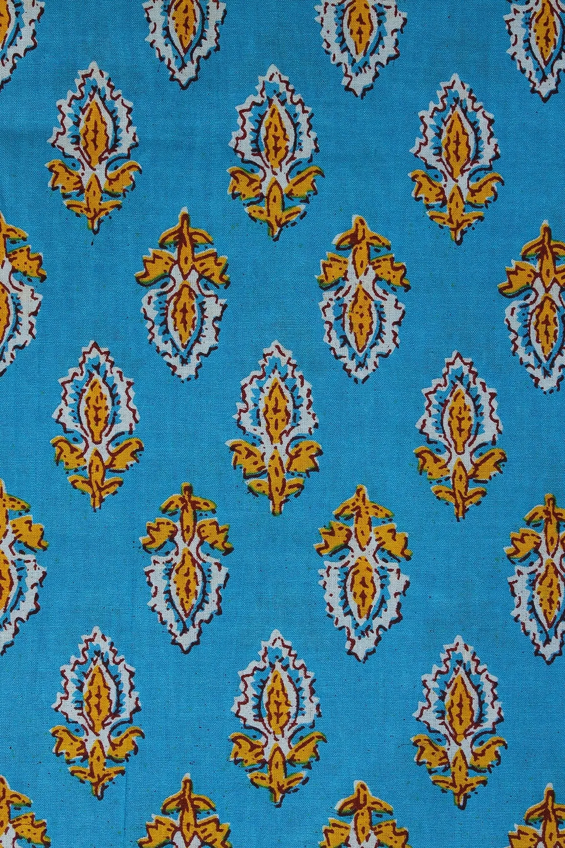 Yellow And White Small Floral Booti Pattern Print On Blue Pure Cotton Fabric