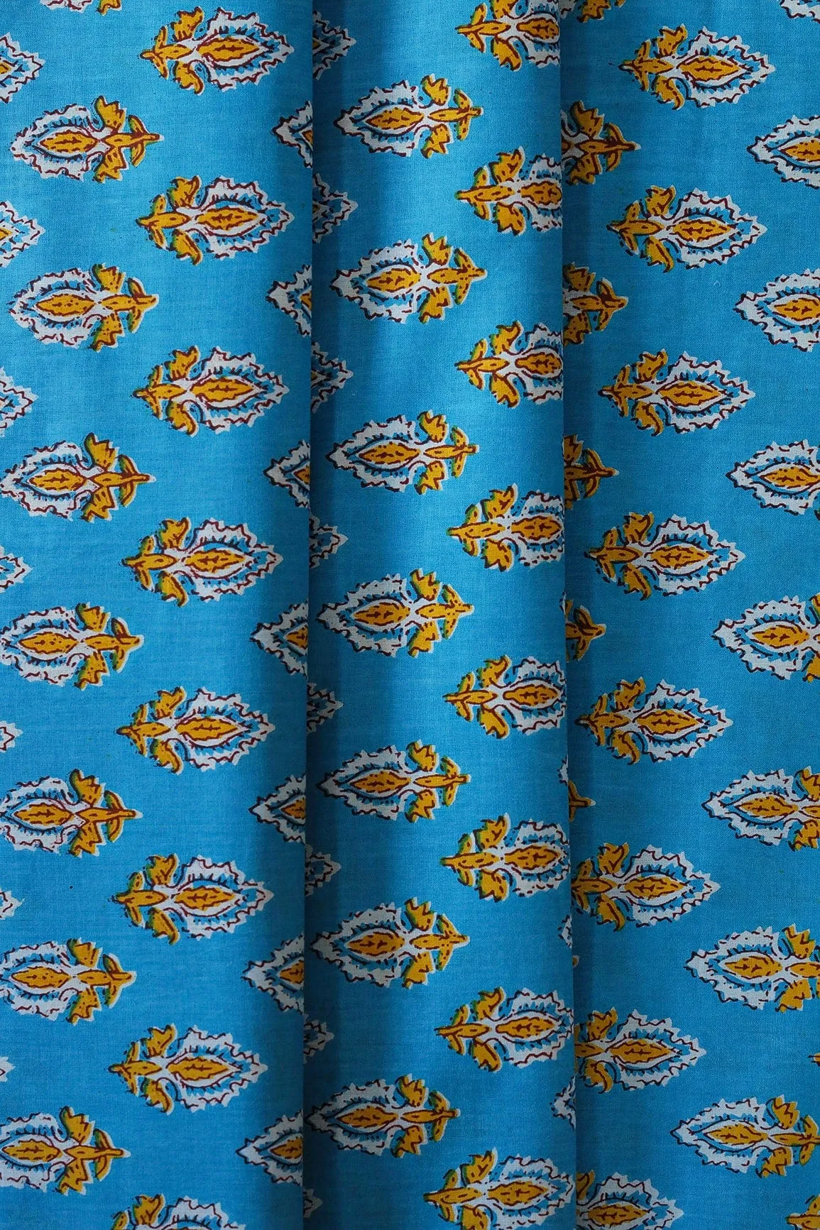Yellow And White Small Floral Booti Pattern Print On Blue Pure Cotton Fabric