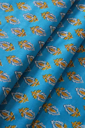 Yellow And White Small Floral Booti Pattern Print On Blue Pure Cotton Fabric