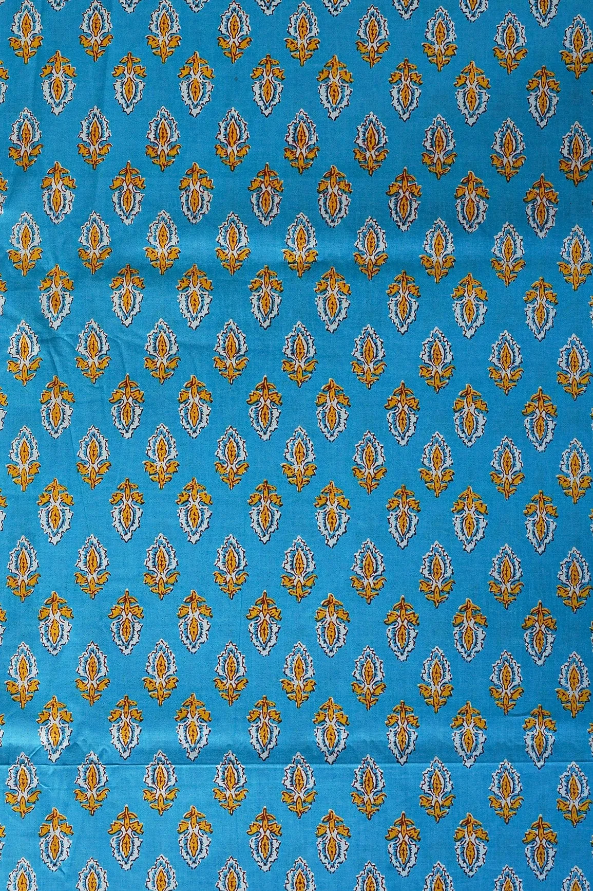 Yellow And White Small Floral Booti Pattern Print On Blue Pure Cotton Fabric